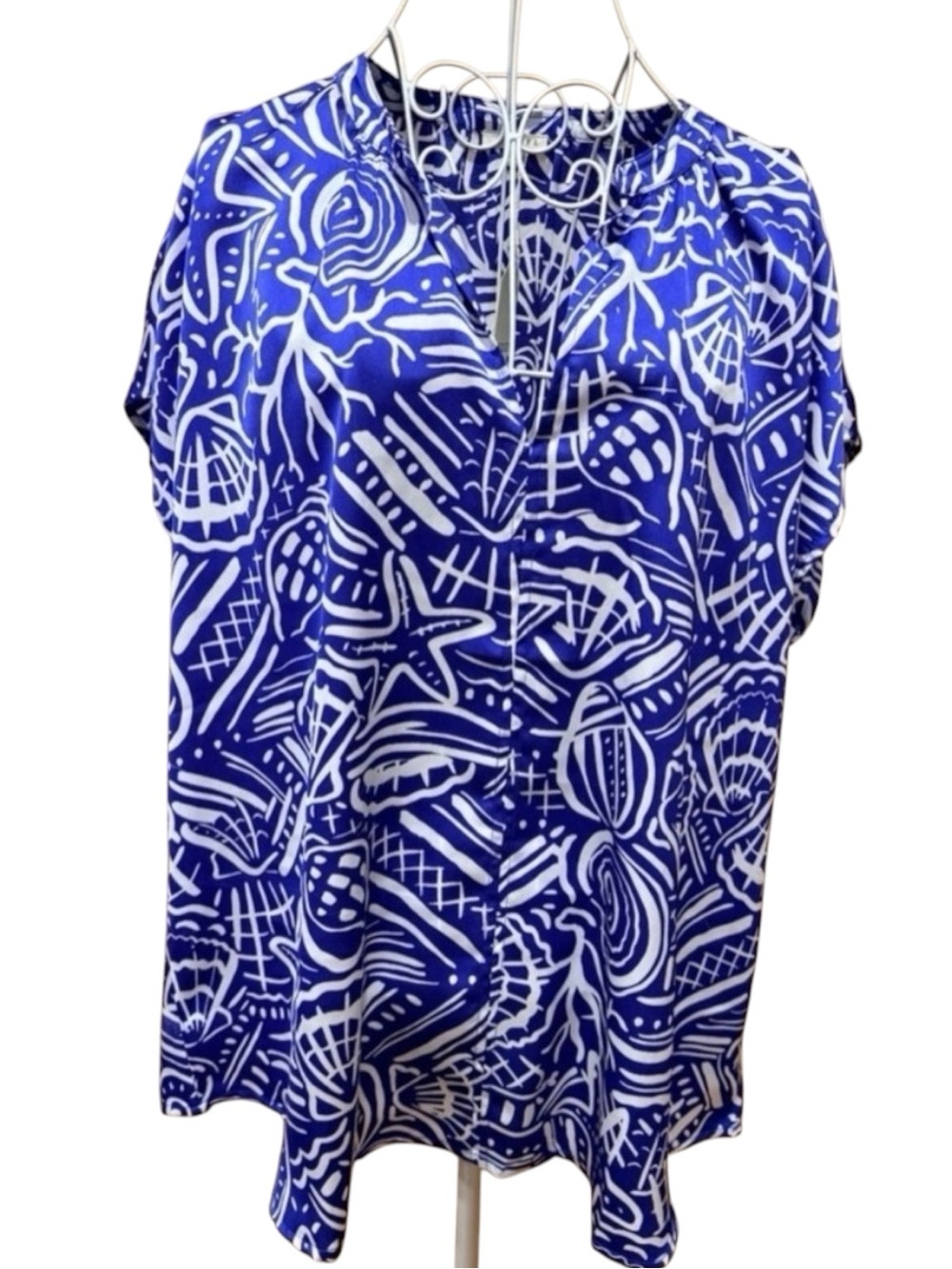 NWT Plus Size Blue White Nautical Shell Print V-Neck Blouse Jodifl Resort 1X